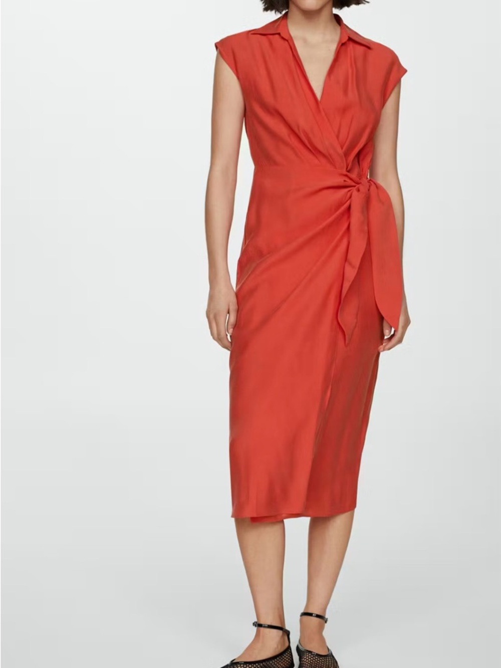 Mango Sleeveless Tie-Waist Midi Dress in Coral